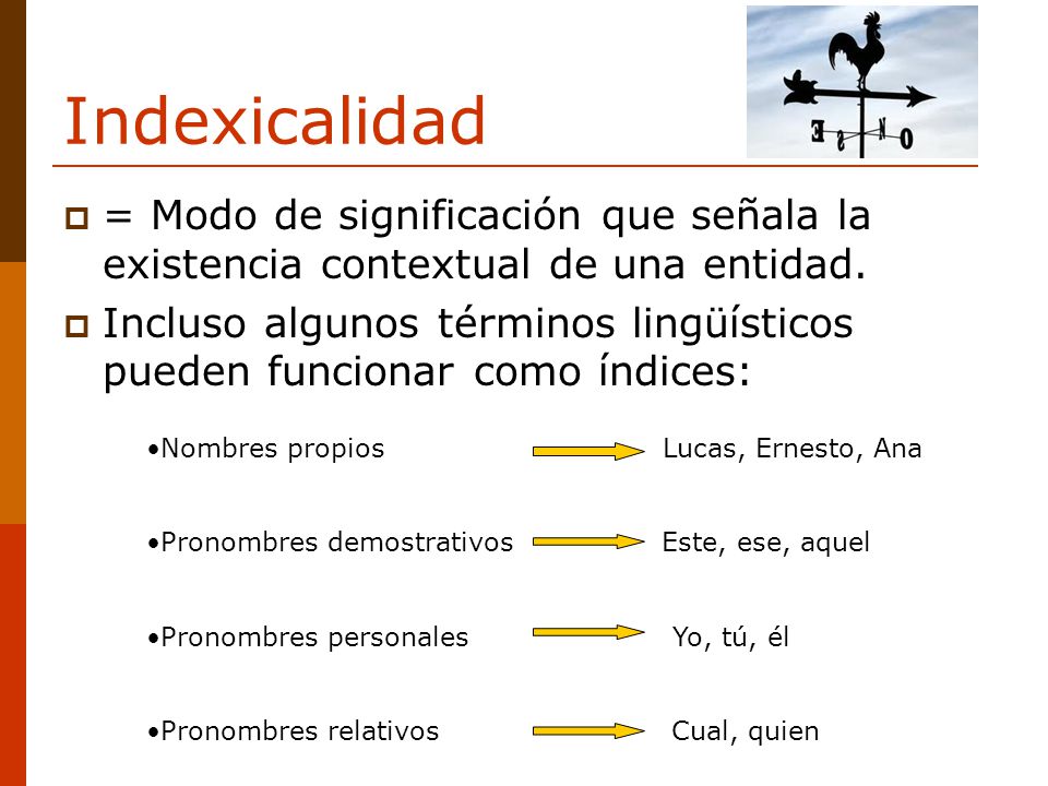 Indexicalidad = Modo de significación que señala la existencia contextual de una entidad.