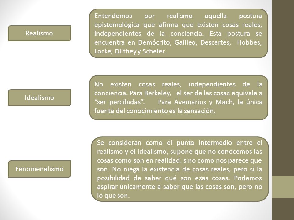Entendemos por realismo aquella postura epistemológica que afirma que existen cosas reales, independientes de la conciencia. Esta postura se encuentra en Demócrito, Galileo, Descartes, Hobbes, Locke, Dilthey y Scheler.