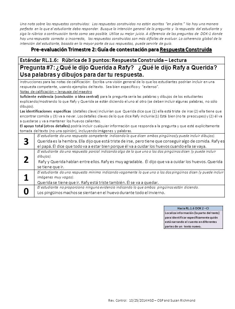 Una nota sobre las respuestas construidas: Las respuestas construidas no están escritas en piedra. No hay una manera perfecta en la que el estudiante deba responder. Busque la intención general de la pregunta y la respuesta del estudiante y siga la rúbrica a continuación tanto como sea posible. Utilice su mejor juicio. A diferencia de las preguntas de DOK-1 donde hay una respuesta correcta o incorrecta, las respuestas construidas son más difíciles de evaluar. La coherencia global de la intención del estudiante, basada en la mayor parte de sus respuestas, puede servirle de guía.