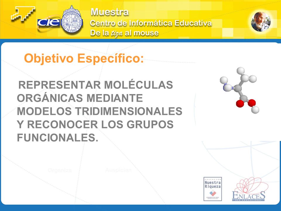 Objetivo Específico: REPRESENTAR MOLÉCULAS ORGÁNICAS MEDIANTE MODELOS TRIDIMENSIONALES Y RECONOCER LOS GRUPOS FUNCIONALES.