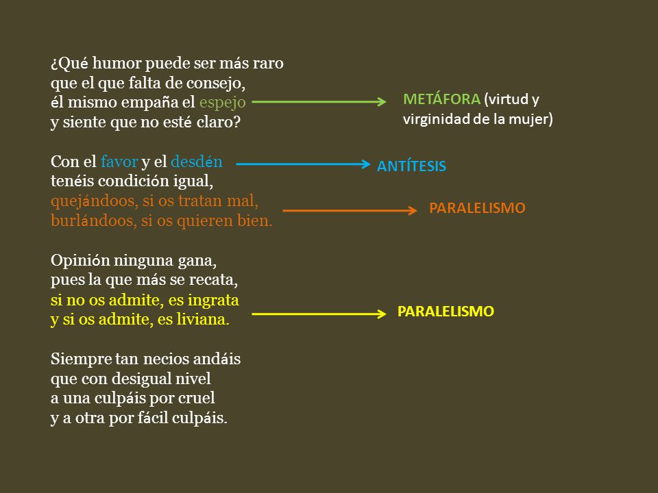 ¿Qué humor puede ser más raro que el que falta de consejo, él mismo empaña el espejo y siente que no esté claro Con el favor y el desdén tenéis condición igual, quejándoos, si os tratan mal, burlándoos, si os quieren bien. Opinión ninguna gana, pues la que más se recata, si no os admite, es ingrata y si os admite, es liviana. Siempre tan necios andáis que con desigual nivel a una culpáis por cruel y a otra por fácil culpáis.