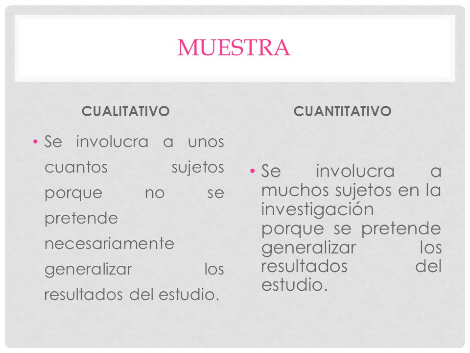 MUESTRA CUALITATIVO. CUANTITATIVO. Se involucra a unos cuantos sujetos porque no se pretende necesariamente generalizar los resultados del estudio.