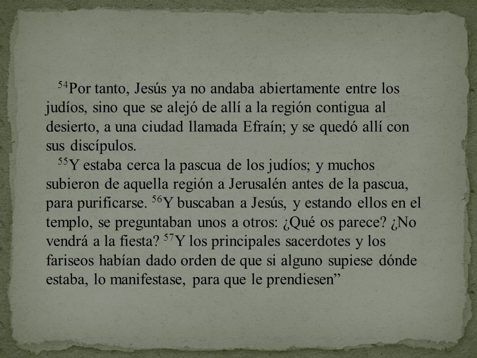 54Por tanto, Jesús ya no andaba abiertamente entre los judíos, sino que se alejó de allí a la región contigua al desierto, a una ciudad llamada Efraín; y se quedó allí con sus discípulos.