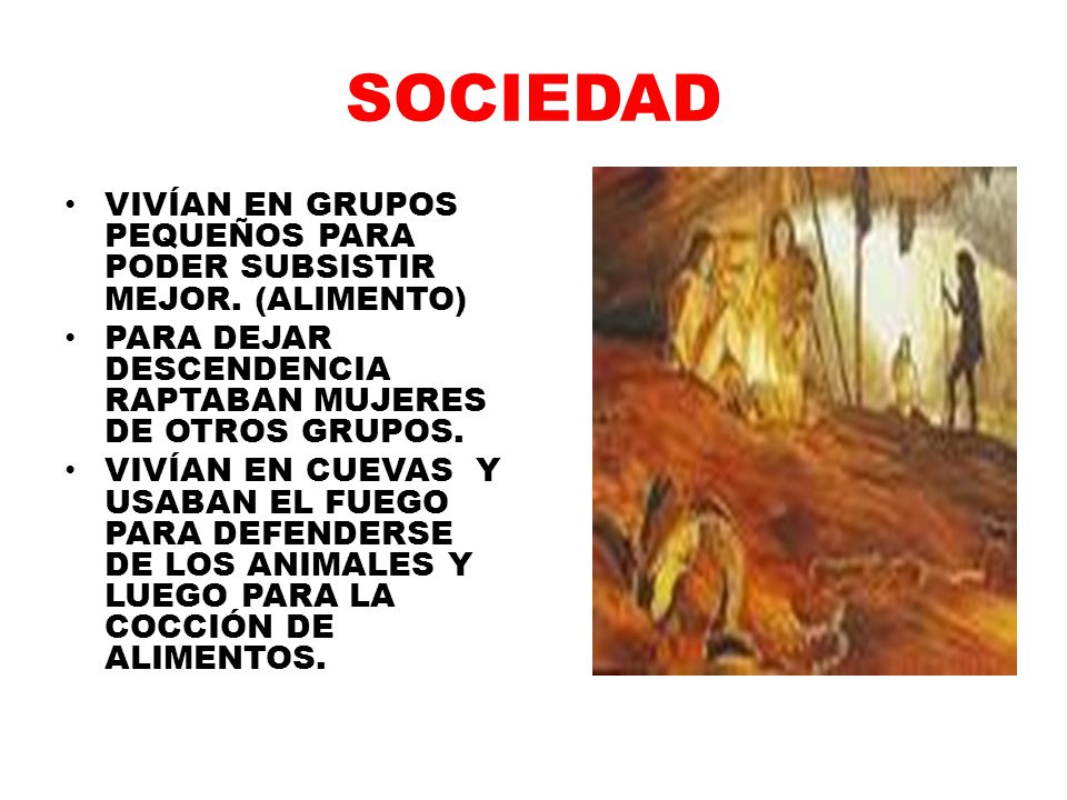 SOCIEDAD VIVÍAN EN GRUPOS PEQUEÑOS PARA PODER SUBSISTIR MEJOR. (ALIMENTO) PARA DEJAR DESCENDENCIA RAPTABAN MUJERES DE OTROS GRUPOS.