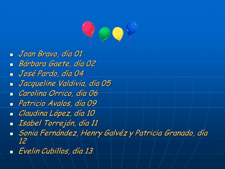 Joan Bravo, día 01 Bárbara Gaete, día 02. José Pardo, día 04. Jacqueline Valdivia, día 05. Carolina Orrico, día 06.