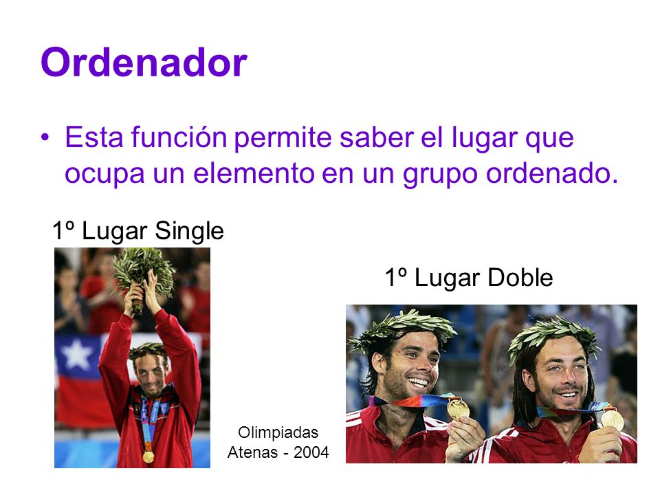 Ordenador Esta función permite saber el lugar que ocupa un elemento en un grupo ordenado. 1º Lugar Single.