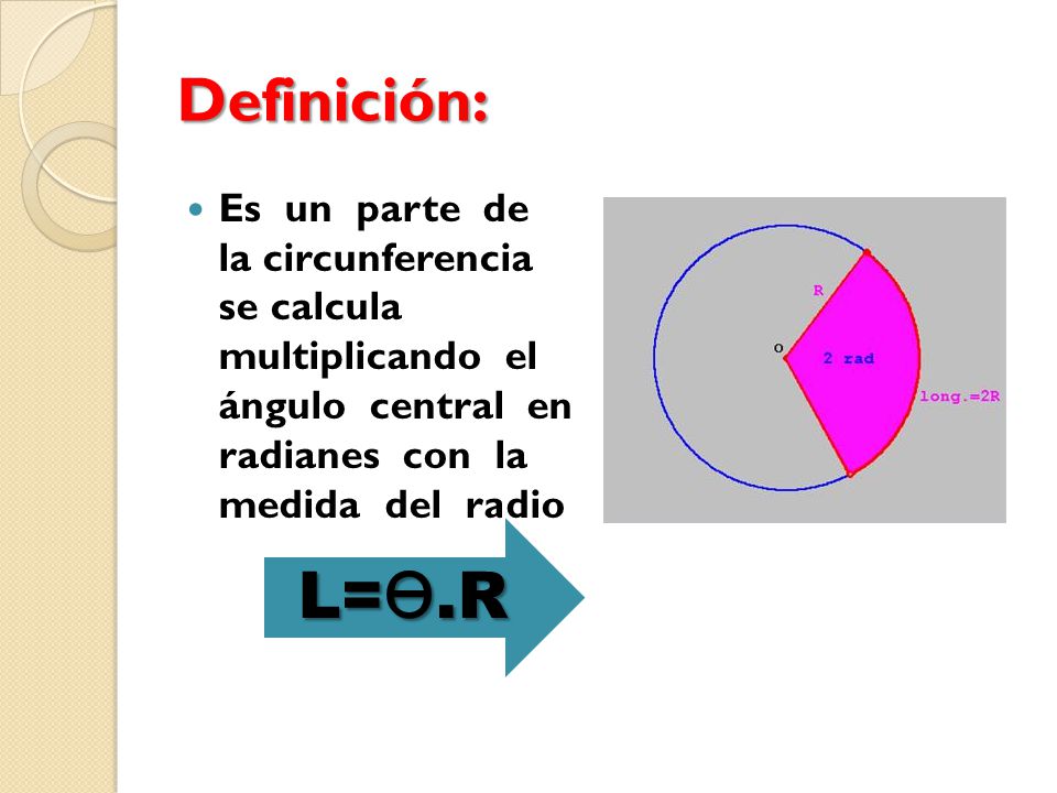 Definición: Es un parte de la circunferencia se calcula multiplicando el ángulo central en radianes con la medida del radio.