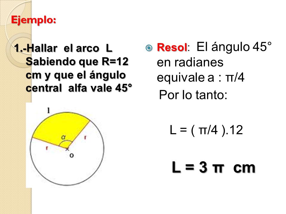 L = 3 π cm Por lo tanto: L = ( π/4 ).12 Ejemplo:
