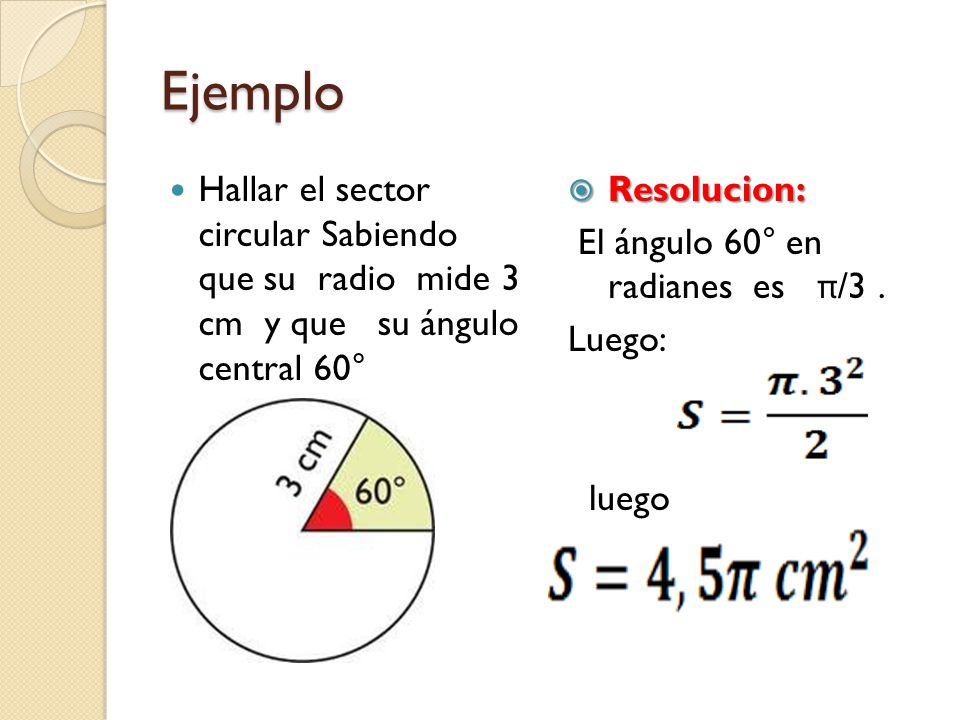Ejemplo Hallar el sector circular Sabiendo que su radio mide 3 cm y que su ángulo central 60°