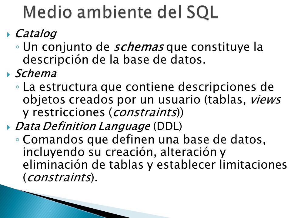 Medio ambiente del SQL Catalog. Un conjunto de schemas que constituye la descripción de la base de datos.