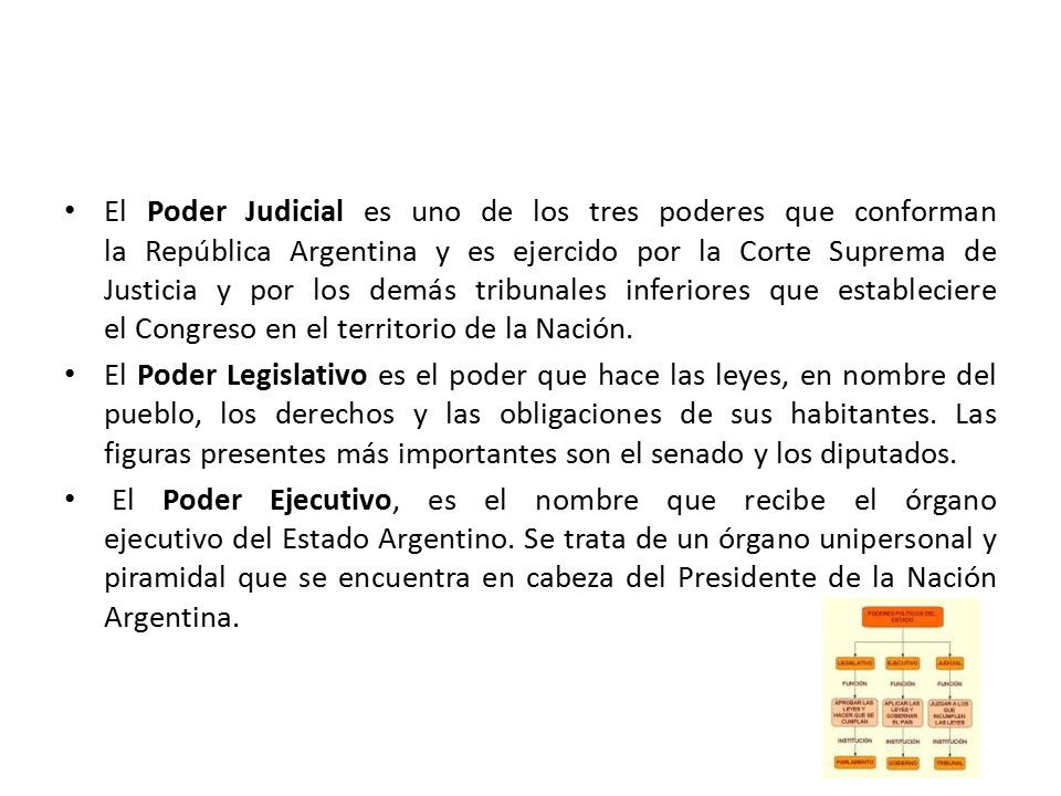El Poder Judicial es uno de los tres poderes que conforman la República Argentina y es ejercido por la Corte Suprema de Justicia y por los demás tribunales inferiores que estableciere el Congreso en el territorio de la Nación.