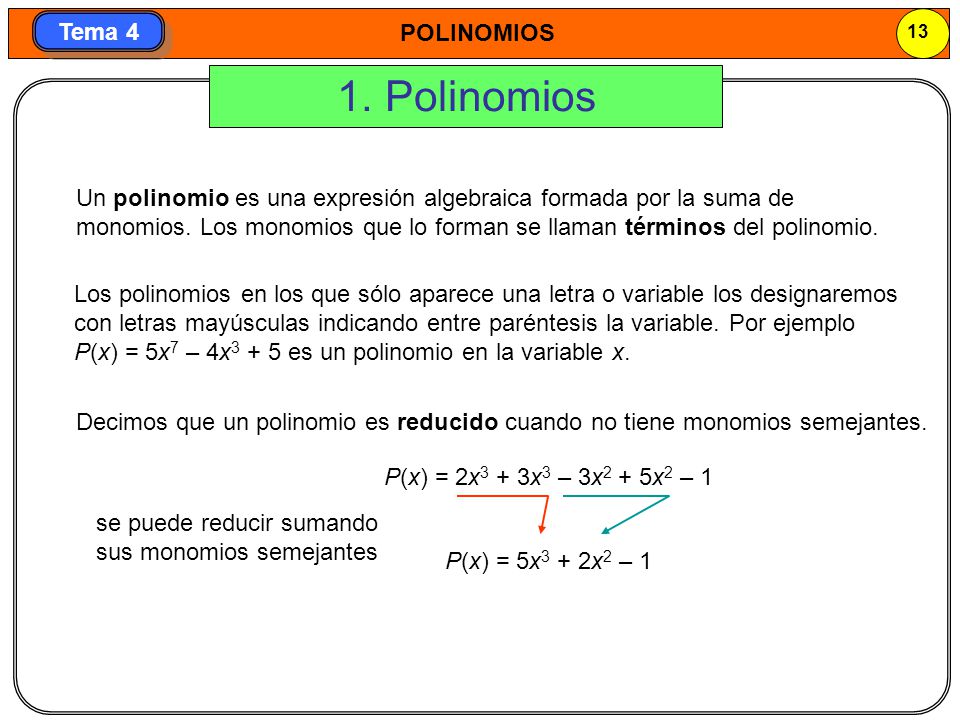 1. Polinomios Un polinomio es una expresión algebraica formada por la suma de monomios. Los monomios que lo forman se llaman términos del polinomio.