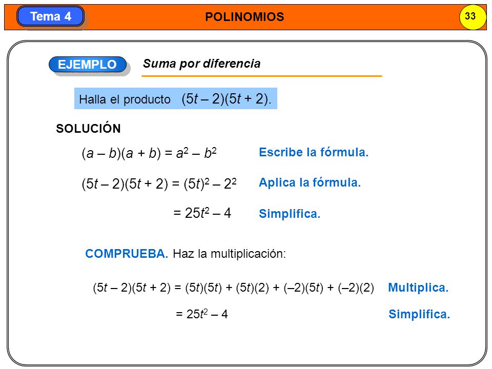 (a – b)(a + b) = a2 – b2 (5t – 2)(5t + 2) = (5t)2 – 22 = 25t2 – 4