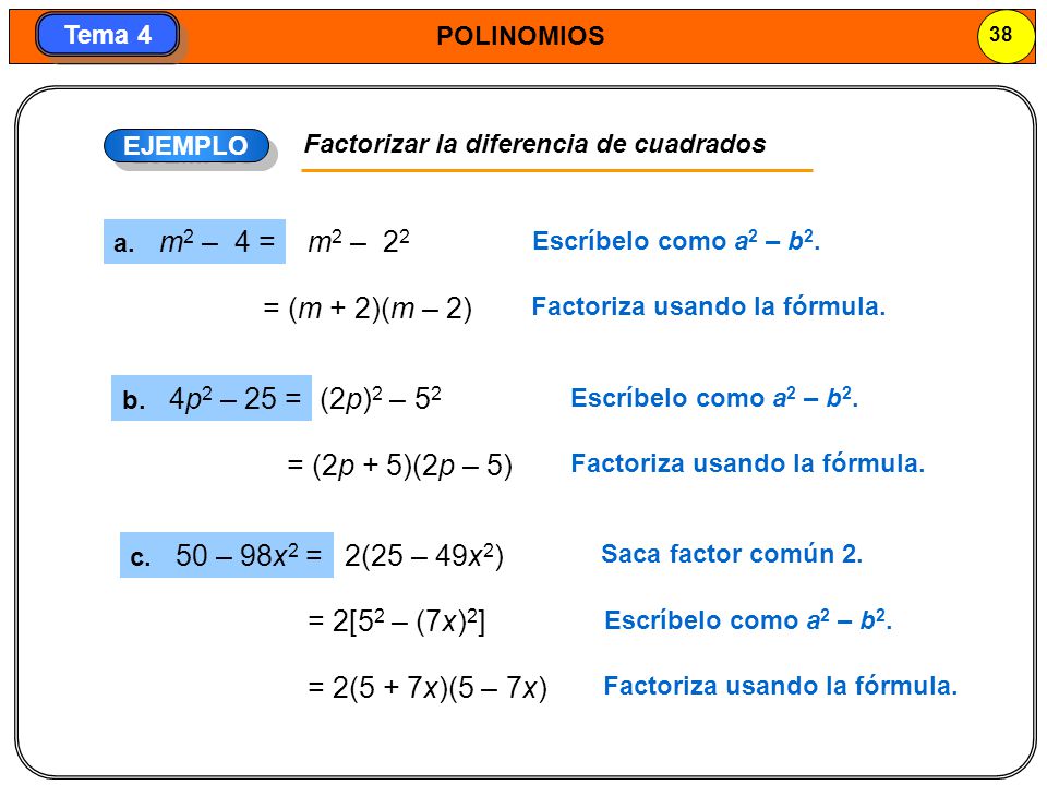 m2 – 22 = (m + 2)(m – 2) (2p)2 – 52 = (2p + 5)(2p – 5) 2(25 – 49x2)