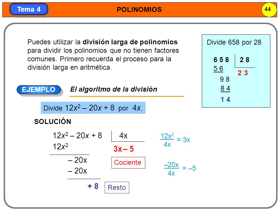Puedes utilizar la división larga de polinomios para dividir los polinomios que no tienen factores comunes. Primero recuerda el proceso para la división larga en aritmética.