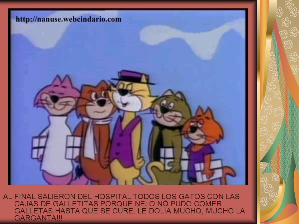 AL FINAL SALIERON DEL HOSPITAL TODOS LOS GATOS CON LAS CAJAS DE GALLETITAS PORQUE NELO NÓ PUDO COMER GALLETAS HASTA QUE SE CURE.