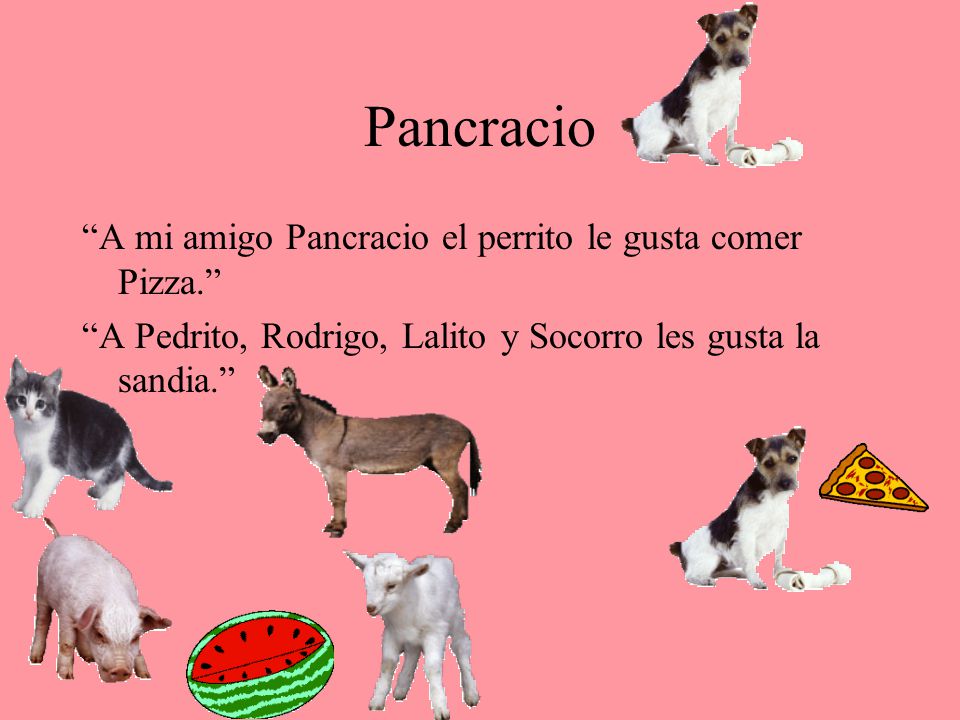 Pancracio A mi amigo Pancracio el perrito le gusta comer Pizza.