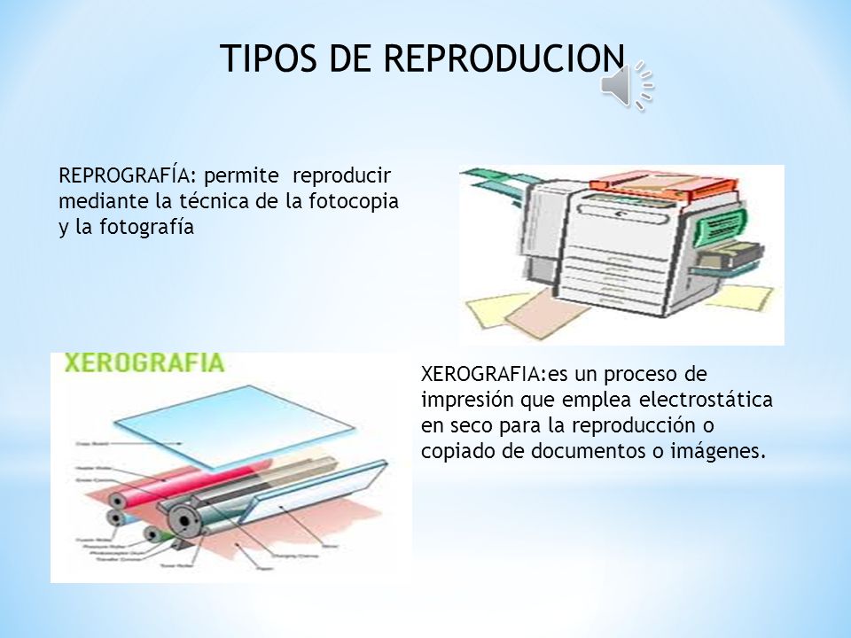 TIPOS DE REPRODUCION REPROGRAFÍA: permite reproducir mediante la técnica de la fotocopia y la fotografía.