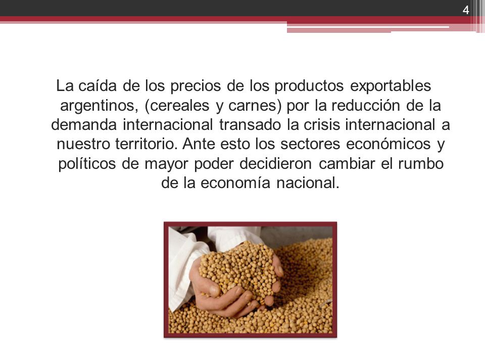 La caída de los precios de los productos exportables argentinos, (cereales y carnes) por la reducción de la demanda internacional transado la crisis internacional a nuestro territorio.