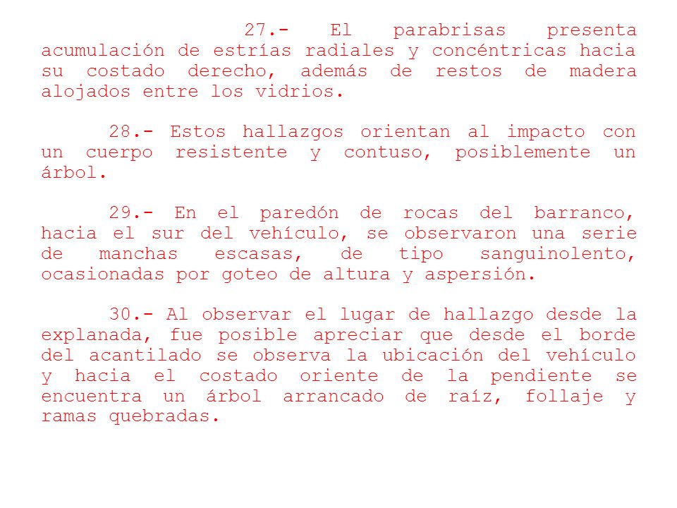 27.- El parabrisas presenta acumulación de estrías radiales y concéntricas hacia su costado derecho, además de restos de madera alojados entre los vidrios.