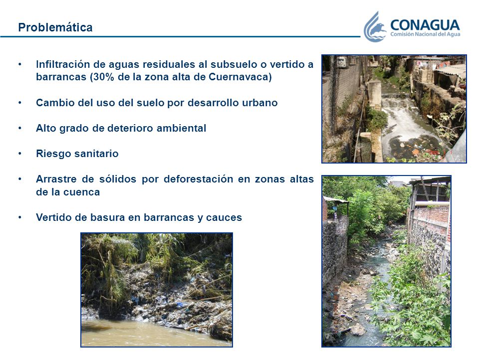 Problemática Infiltración de aguas residuales al subsuelo o vertido a barrancas (30% de la zona alta de Cuernavaca)
