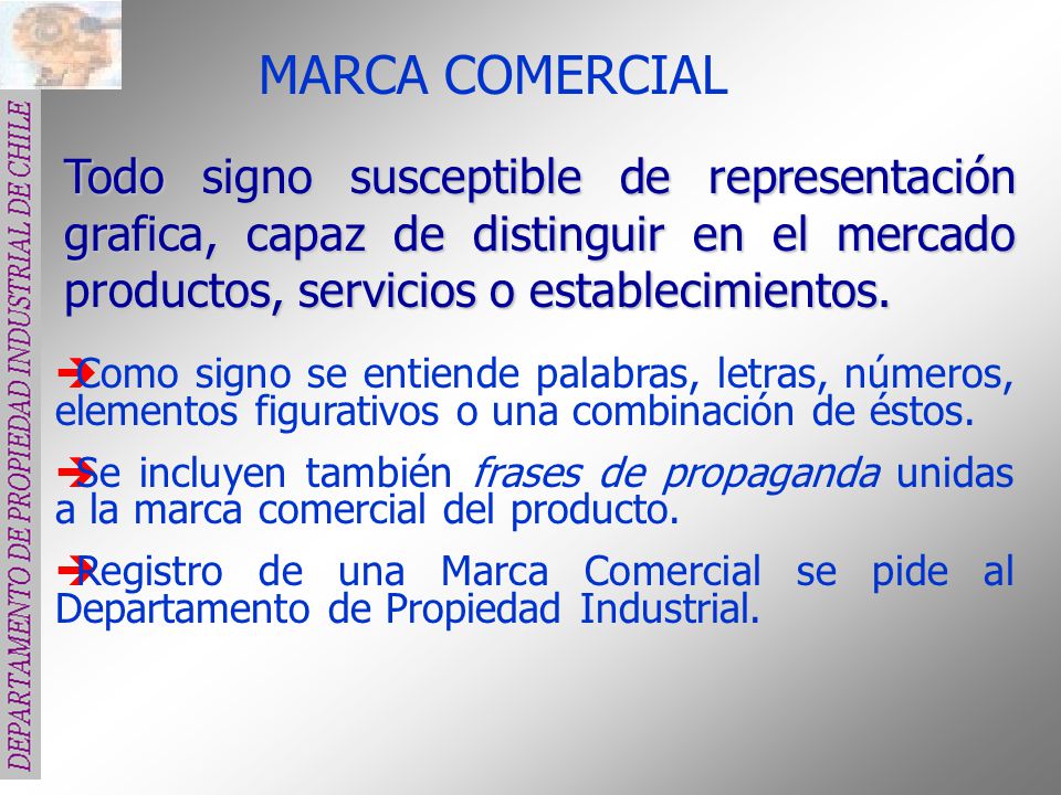 MARCA COMERCIAL Todo signo susceptible de representación grafica, capaz de distinguir en el mercado productos, servicios o establecimientos.