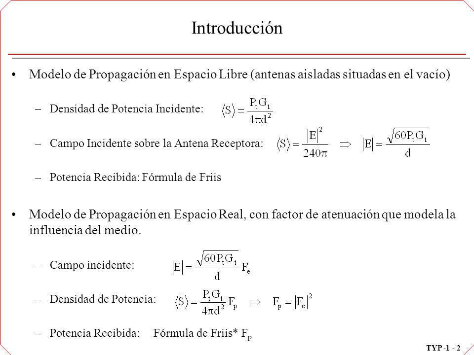 Introducción Modelo de Propagación en Espacio Libre (antenas aisladas situadas en el vacío) Densidad de Potencia Incidente: