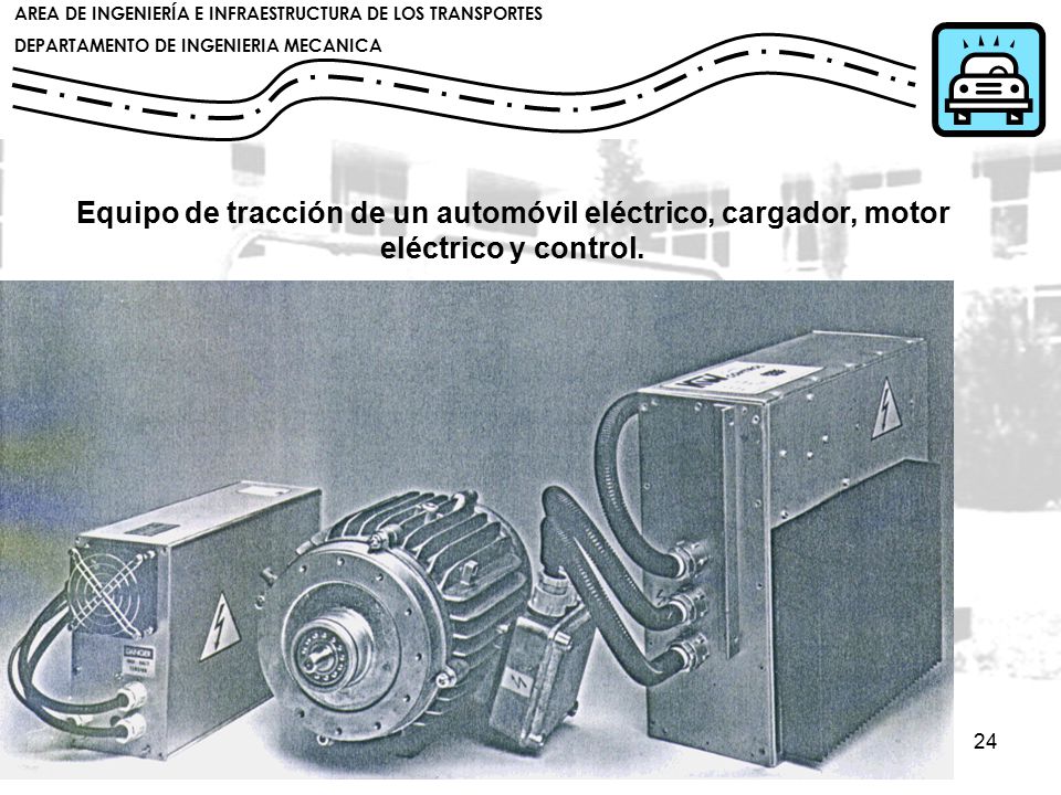 Equipo de tracción de un automóvil eléctrico, cargador, motor eléctrico y control.