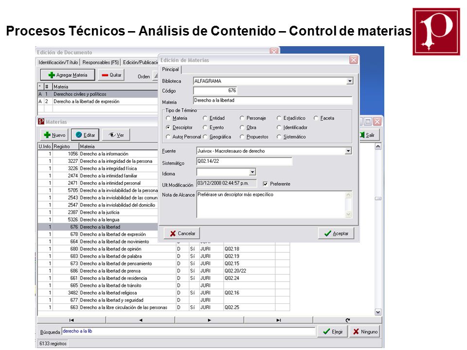 Procesos Técnicos – Análisis de Contenido – Control de materias
