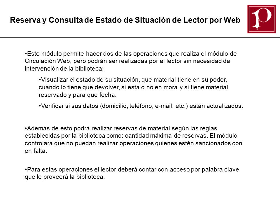 Reserva y Consulta de Estado de Situación de Lector por Web
