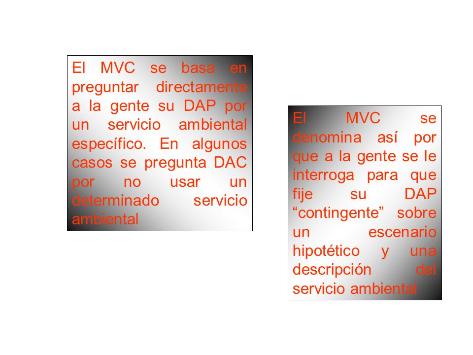 El MVC se basa en preguntar directamente a la gente su DAP por un servicio ambiental específico. En algunos casos se pregunta DAC por no usar un determinado servicio ambiental