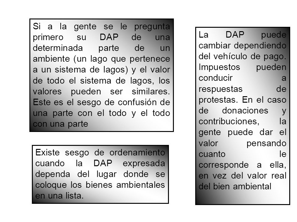 Si a la gente se le pregunta primero su DAP de una determinada parte de un ambiente (un lago que pertenece a un sistema de lagos) y el valor de todo el sistema de lagos, los valores pueden ser similares. Este es el sesgo de confusión de una parte con el todo y el todo con una parte