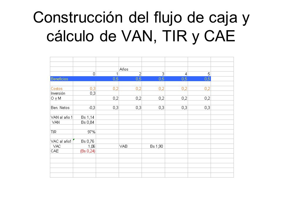 Construcción del flujo de caja y cálculo de VAN, TIR y CAE