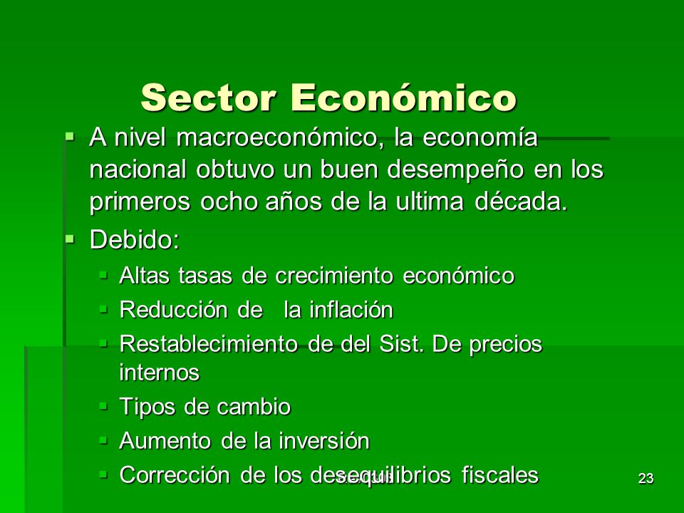 Sector Económico A nivel macroeconómico, la economía nacional obtuvo un buen desempeño en los primeros ocho años de la ultima década.