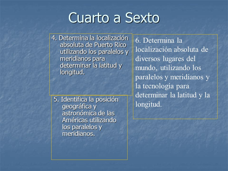Cuarto a Sexto 4. Determina la localización absoluta de Puerto Rico utilizando los paralelos y meridianos para determinar la latitud y longitud.