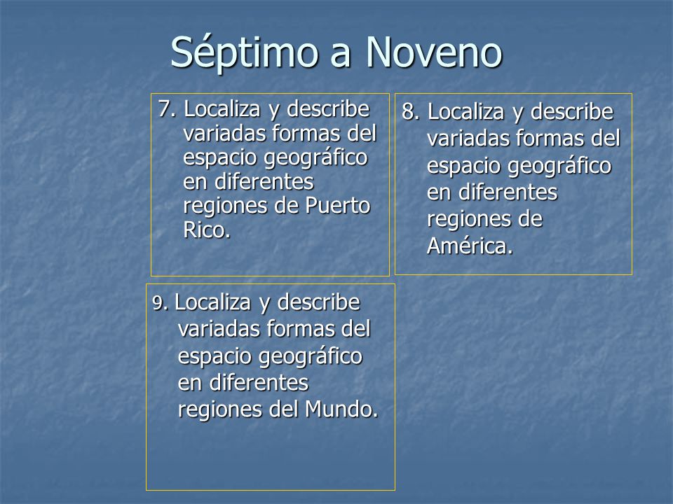 Séptimo a Noveno 7. Localiza y describe variadas formas del espacio geográfico en diferentes regiones de Puerto Rico.