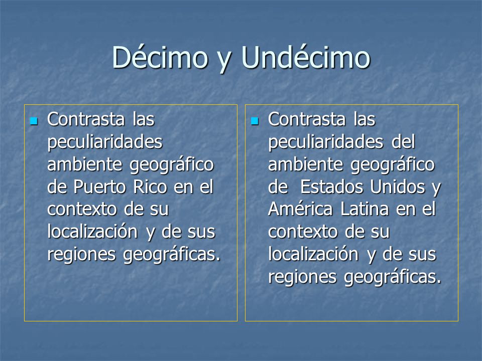 Décimo y Undécimo Contrasta las peculiaridades ambiente geográfico de Puerto Rico en el contexto de su localización y de sus regiones geográficas.