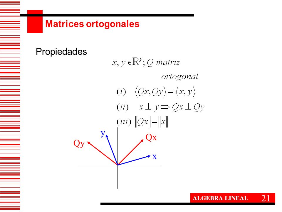 Matrices ortogonales Propiedades y Qx Qy x 21 ALGEBRA LINEAL