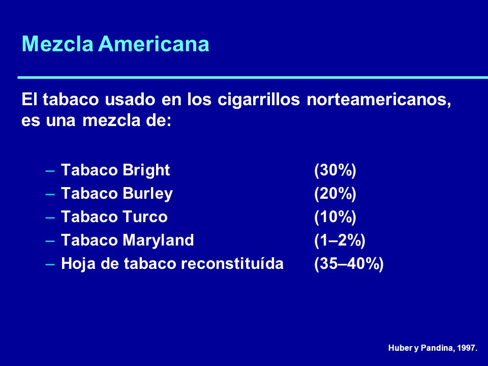 Mezcla Americana El tabaco usado en los cigarrillos norteamericanos, es una mezcla de: Tabaco Bright (30%)