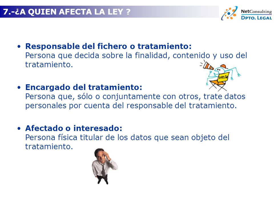 7.-¿A QUIEN AFECTA LA LEY Responsable del fichero o tratamiento: Persona que decida sobre la finalidad, contenido y uso del tratamiento.