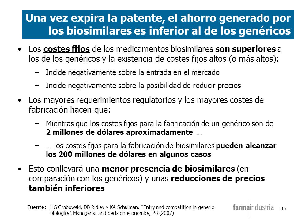 Una vez expira la patente, el ahorro generado por los biosimilares es inferior al de los genéricos