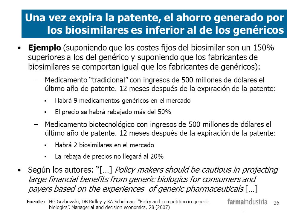 Una vez expira la patente, el ahorro generado por los biosimilares es inferior al de los genéricos