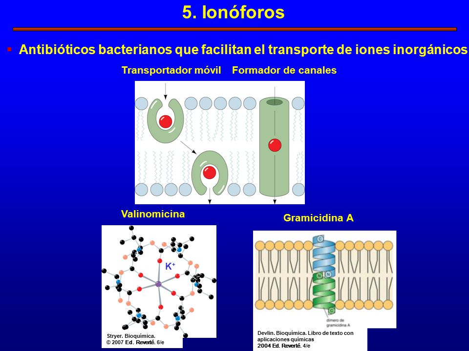 5. Ionóforos Antibióticos bacterianos que facilitan el transporte de iones inorgánicos. Transportador móvil.