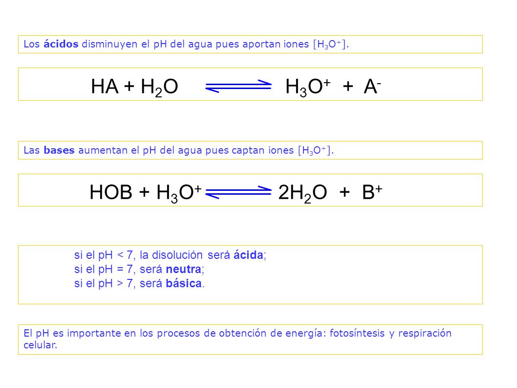 HA + H2O H3O+ + A- HOB + H3O+ 2H2O + B+