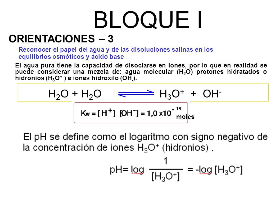 BLOQUE I H2O + H2O H3O+ + OH- ORIENTACIONES – 3
