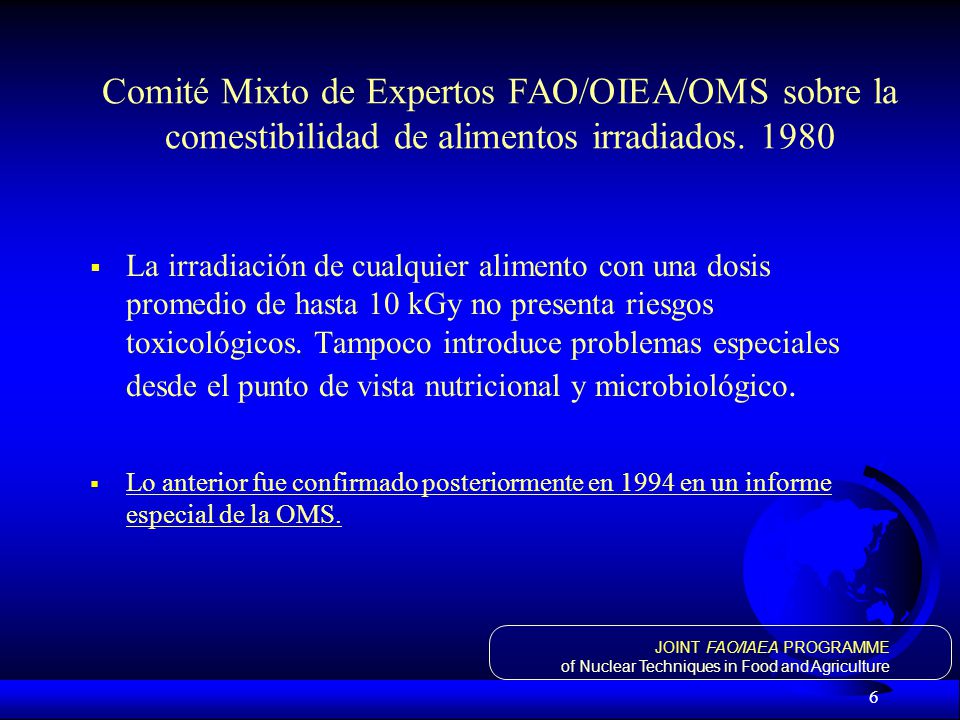 Comité Mixto de Expertos FAO/OIEA/OMS sobre la comestibilidad de alimentos irradiados. 1980