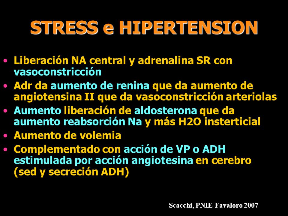 STRESS e HIPERTENSION Liberación NA central y adrenalina SR con vasoconstricción.