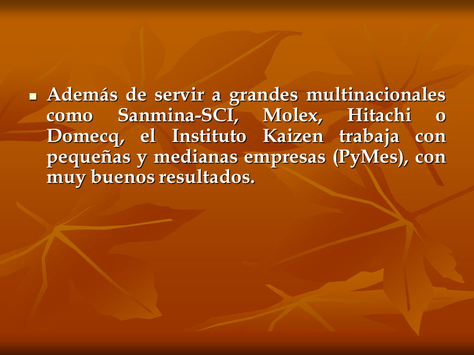 Además de servir a grandes multinacionales como Sanmina-SCI, Molex, Hitachi o Domecq, el Instituto Kaizen trabaja con pequeñas y medianas empresas (PyMes), con muy buenos resultados.
