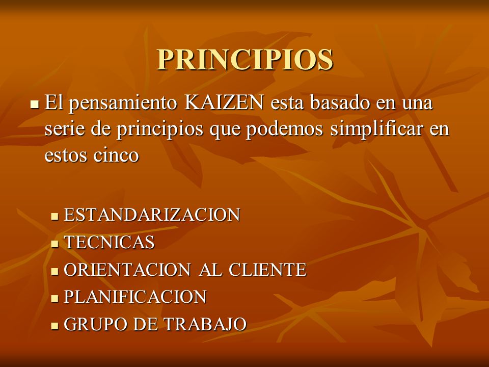 PRINCIPIOS El pensamiento KAIZEN esta basado en una serie de principios que podemos simplificar en estos cinco.