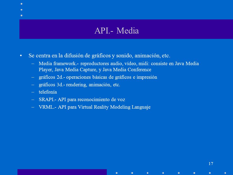 API.- Media Se centra en la difusión de gráficos y sonido, animación, etc.